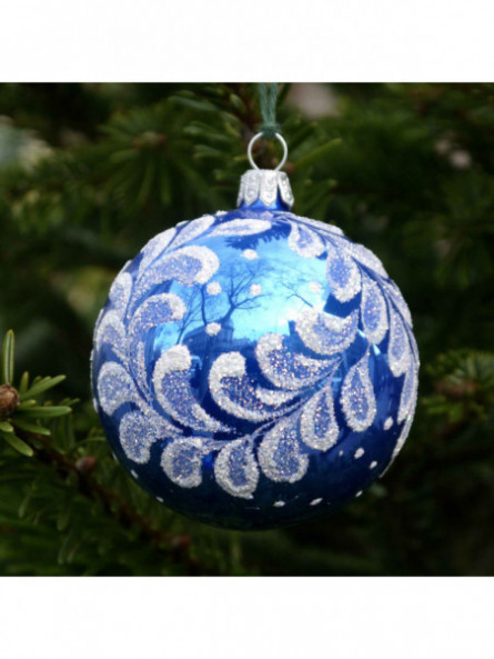 Grande boule de Noël bleue decorée verre soufflé