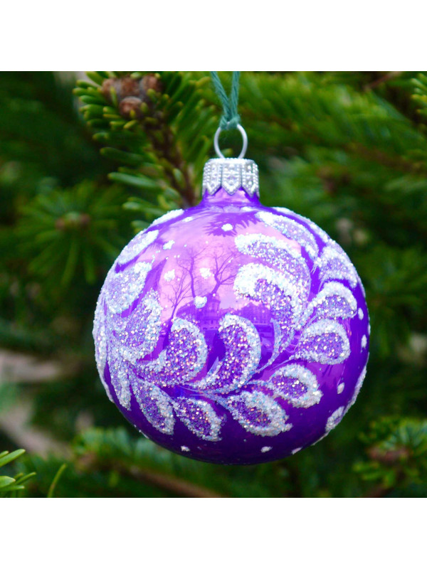 Petite boule de Noël violette decorée verre soufflé